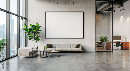 White modern office interior with a sofa, coffee table and a big blank wall frame for your advertising poster or picture mockup. © Kien