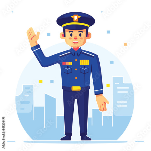 Young male police officer saluting, wearing blue uniform, cityscape background. Friendly policeman salute gesture, professional law enforcement character, safety, security city scene. Cartoon