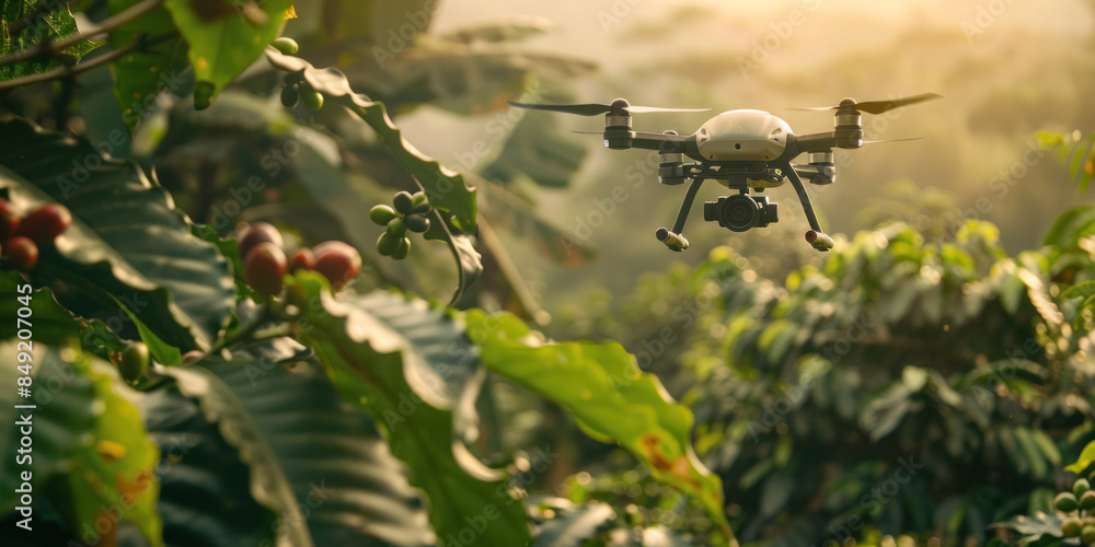 Drone checking and observing coffee trees, Smart technologies in agriculture Drone checking and observing coffee trees, Smart technologies in agriculture