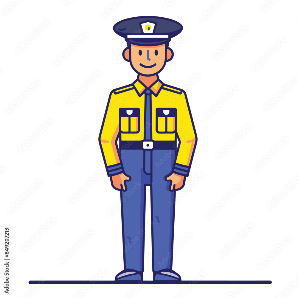 Male cartoon police officer standing confidently, smiling, wearing yellow uniform badge, navy blue pants patrol cap. Flat design law enforcement character isolated white background. Friendly cop Male cartoon police officer standing confidently, smiling, wearing yellow uniform badge, navy blue pants patrol cap. Flat design law enforcement character isolated white background. Friendly cop