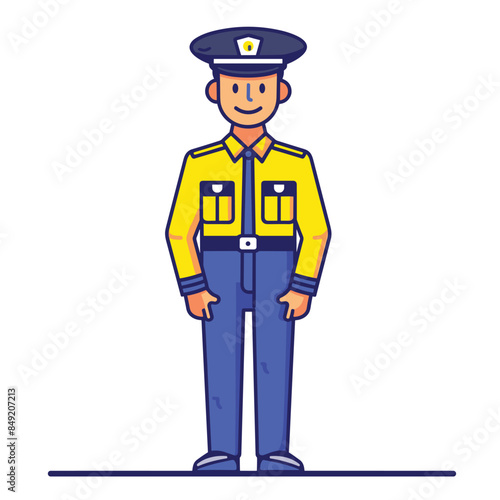 Male cartoon police officer standing confidently, smiling, wearing yellow uniform badge, navy blue pants patrol cap. Flat design law enforcement character isolated white background. Friendly cop