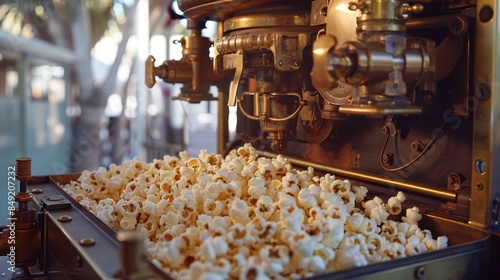 Freshly popped popcorn in a vintage popcorn machine.