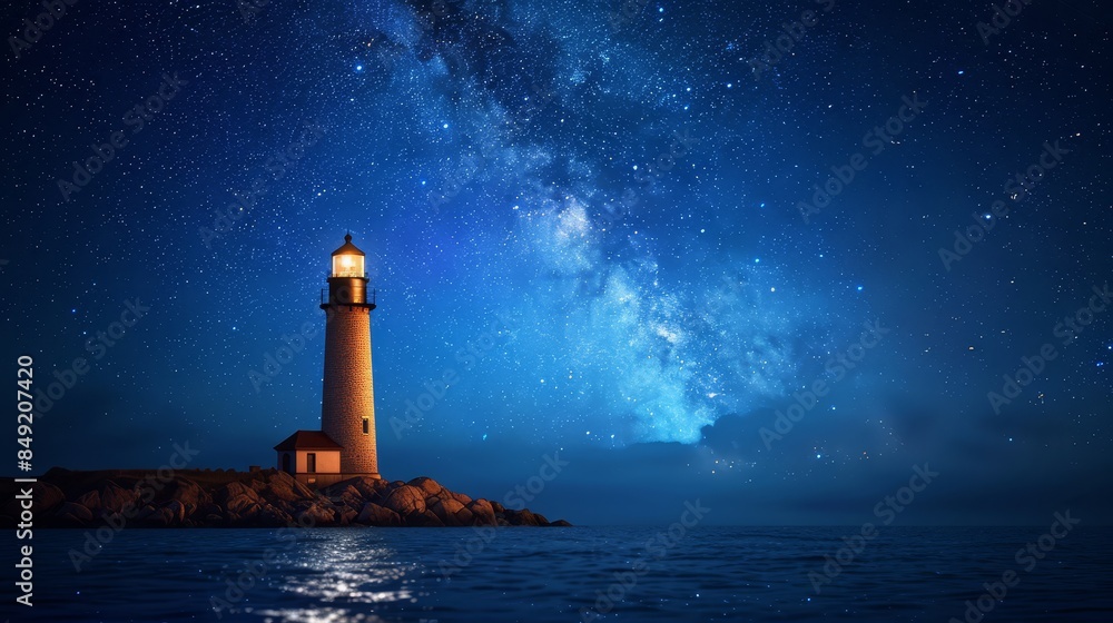 The photo shows a lighthouse on a rocky coast at night. The sky is full of stars. The photo shows a lighthouse on a rocky coast at night. The sky is full of stars.