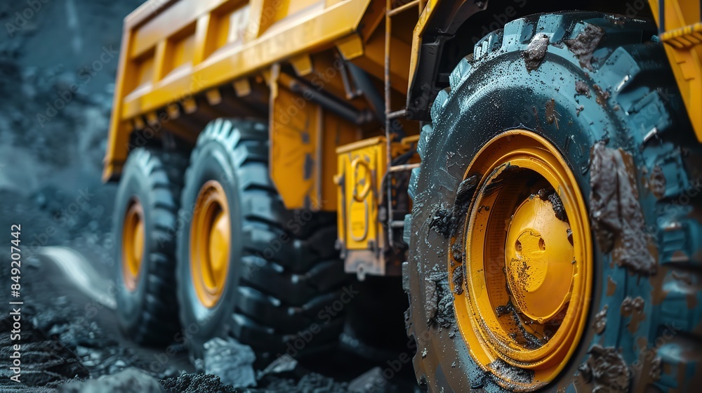closeup large yellow mining truck for bituminous coal, Generative AI. closeup large yellow mining truck for bituminous coal, Generative AI.