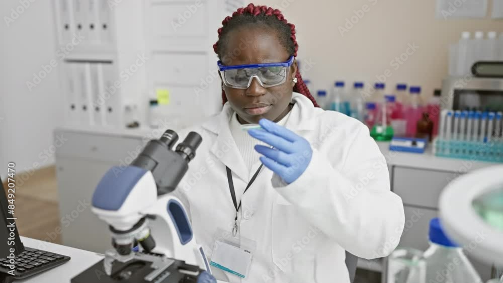 African woman scientist analyzing samples with microscope in biomedical research lab African woman scientist analyzing samples with microscope in biomedical research lab