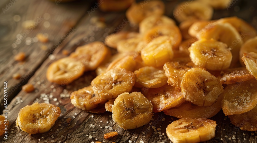 Fried banana chips on a wooden surface Fried banana chips on a wooden surface