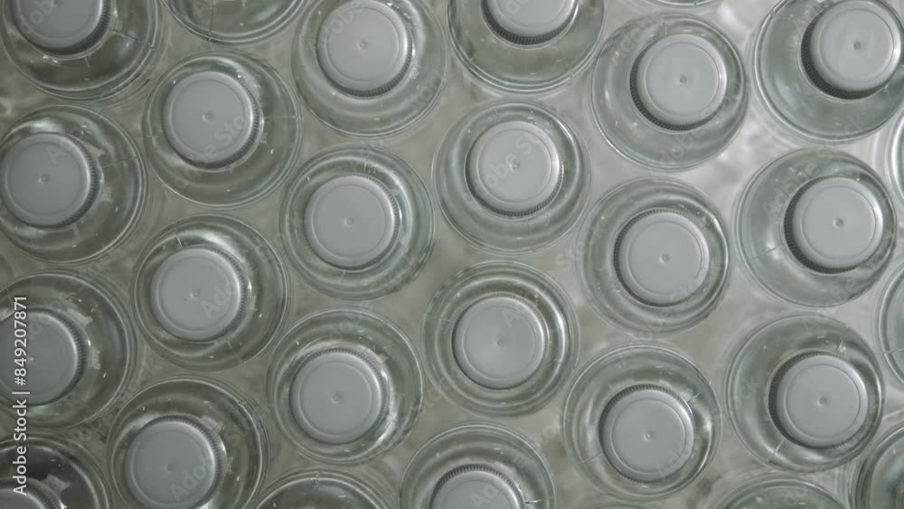 Top view of many drinking water bottle caps and pure drinking water bottles in a drinking water production plant. Top view of many drinking water bottle caps and pure drinking water bottles in a drinking water production plant.