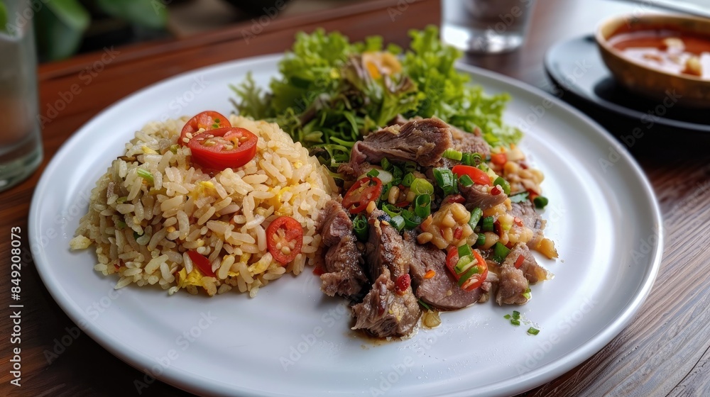A white plate containing Nasi Kebuli a fried rice dish with lamb salad and emping A white plate containing Nasi Kebuli a fried rice dish with lamb salad and emping