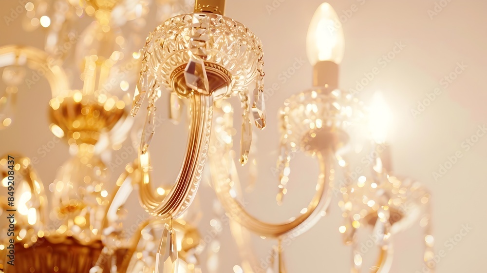 Opulent Gold Chandelier with Crystal Accents Hanging in Luxurious Interior Setting Opulent Gold Chandelier with Crystal Accents Hanging in Luxurious Interior Setting