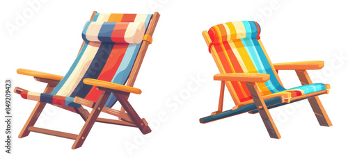 Colorful Beach Chairs, Striped beach chairs in bright colors, Summer relaxation seats on a transparent background. Generative AI