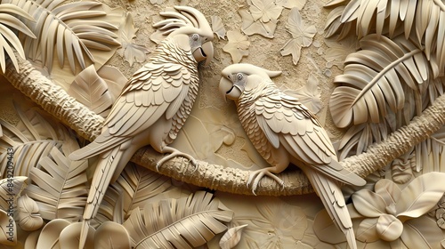 Fototapeta Naklejka Na Ścianę i Meble -  Beautiful parrot 3d relief wallpaper. Mural wallpaper. Wall art. AI generated illustration.