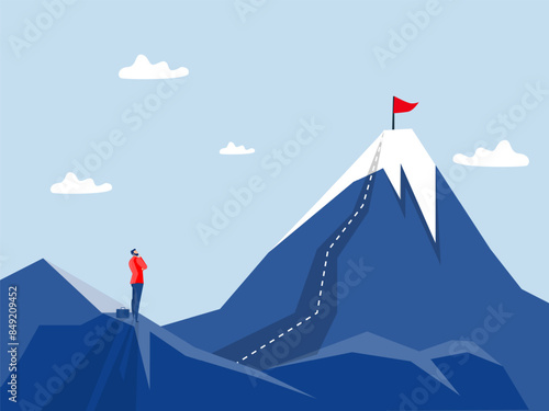 challenge and the goal,businessman looking for a way to his goal planning to reach the success flag on top of the mountain  leadership concept vector illustration.
