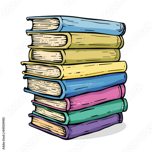 Stacked colorful books, handdrawn style, cartoonish, reading concept isolated white background. Vibrant spines, education literacy theme, graphic illustration. Multicolored hardcover textbooks pile