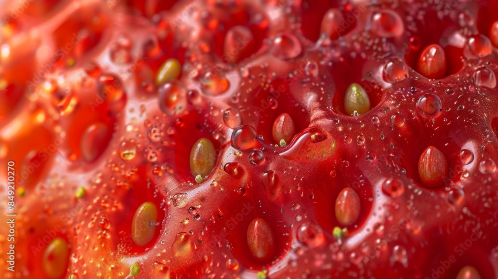 Macro photograph of a strawberry s surface, showing the seeds and texture Bright, natural light for vivid colors Macro photograph of a strawberry s surface, showing the seeds and texture Bright, natural light for vivid colors