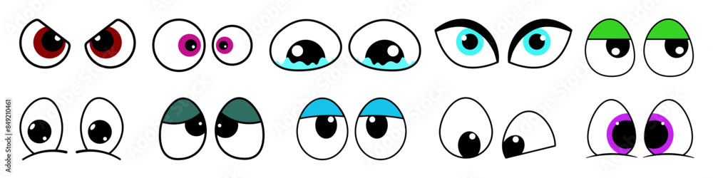 Goggle eyes icons in cartoon style. Cute, comical eyes of the character with emotions of happiness, anger, crying, surprise. Vector illustration. Goggle eyes icons in cartoon style. Cute, comical eyes of the character with emotions of happiness, anger, crying, surprise. Vector illustration.