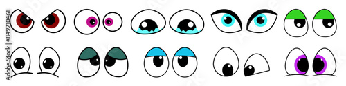 Goggle eyes icons in cartoon style. Cute, comical eyes of the character with emotions of happiness, anger, crying, surprise. Vector illustration.