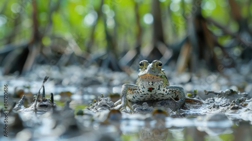 close-up focus Mudskipper, On the muddy floor of the mangrove forest and the blue sea, there are mangrove forests, Samae, Lamphu, mangrove forest ecosystems. photo