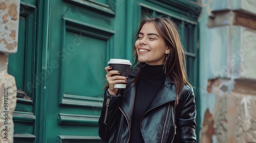 Happy beautiful stylish woman having good fashion clothes walking on street and holding coffee in cup takeaway to go with good mood Girl wear black jacket look happy and look at side n : Generative AI photo