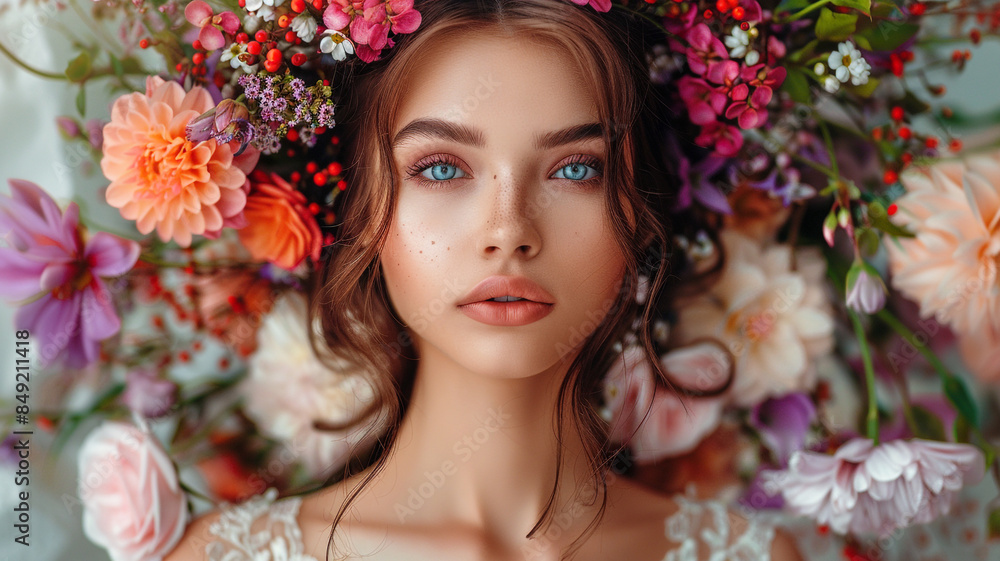 Attractive brunette girl with big beautiful bouquet of flowers. Beautiful white girl with flowers. Pretty woman with bright makeup. Art portrait with flowers. Attractive brunette girl with big beautiful bouquet of flowers. Beautiful white girl with flowers. Pretty woman with bright makeup. Art portrait with flowers.