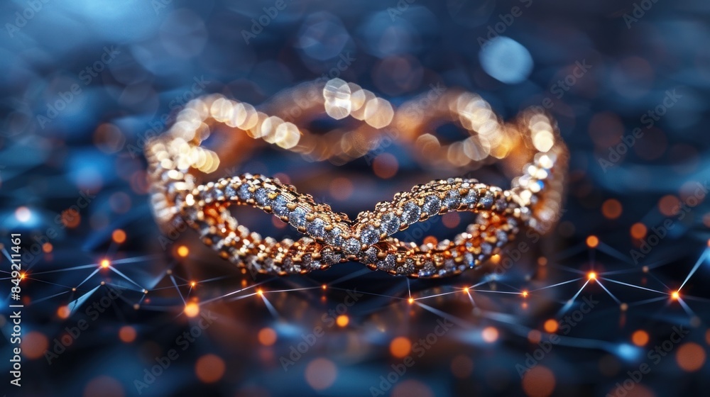 Gold ring with diamonds from particles, lines and triangles on a blue background. Gold ring with diamonds from particles, lines and triangles on a blue background.