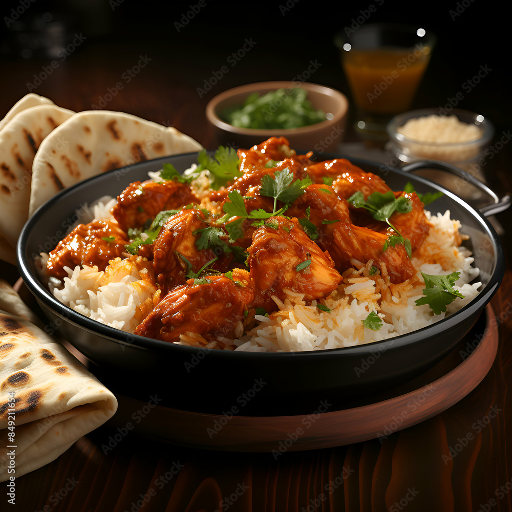 Chicken tikka masala with basmati rice and naan bread Chicken tikka masala with basmati rice and naan bread