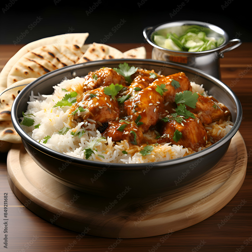 Chicken tikka masala served with rice and naan bread Chicken tikka masala served with rice and naan bread