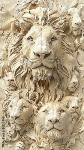 Beautiful lions 3d relief wallpaper. Mural wallpaper. Wall art. AI generated illustration.