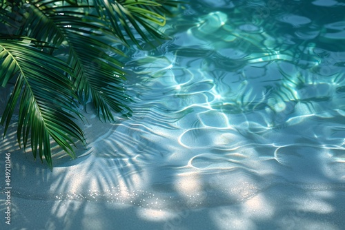 Shadow of tropical palm on water, white sand. © Тетяна Іванова