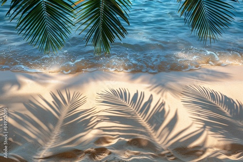 Leaf shadows on beach water, summer tropical feel.