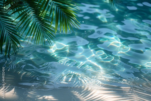 Palm shadow on water, white sand beach scene. © Тетяна Іванова