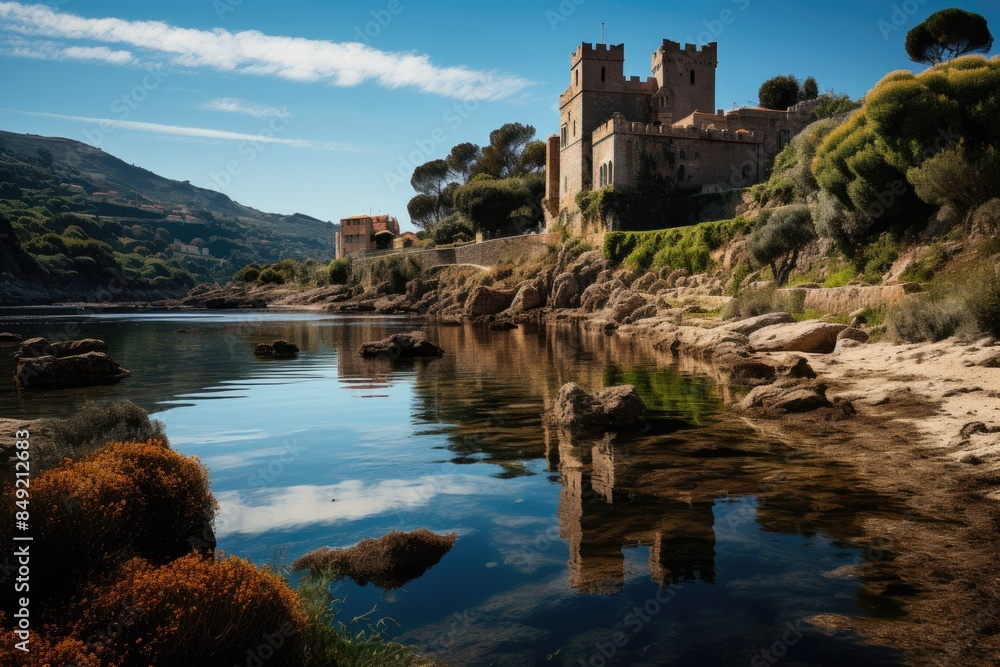 Medieval Castle by the lake in Sicily., generative IA Medieval Castle by the lake in Sicily., generative IA