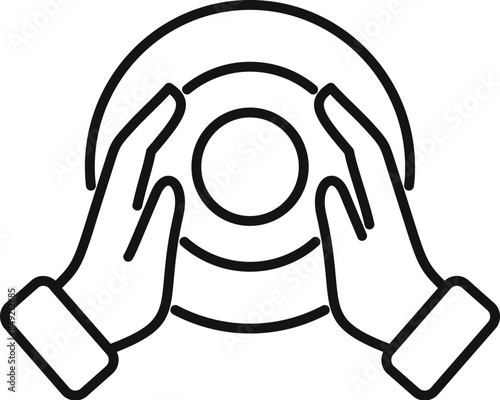 Outline icon of two hands holding an empty plate, symbolizing hunger, waiting for a meal, or the concept of an empty stomach