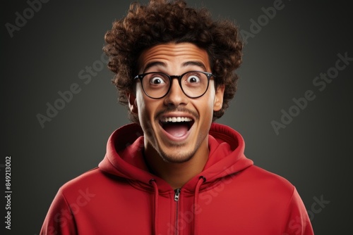 Picture of young man with glasses holding in the cheeks and looking grateful and s, generative IA
