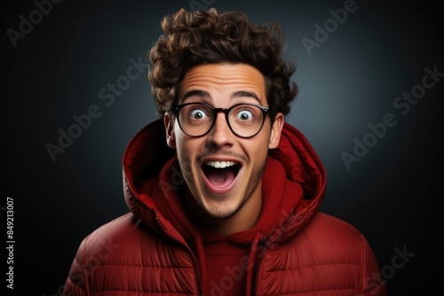 Picture of young man with glasses holding in the cheeks and looking grateful and s, generative IA