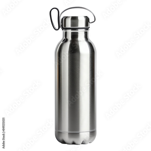 Stainless steel reusable water bottle filled with liquid. Ideal for hydration on the go, eco-friendly. Metallic finish, durable, modern design.