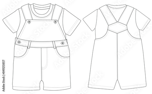 Infant Baby dungaree fashion flat sketch With T-Shirt template boys and girls dungaree 