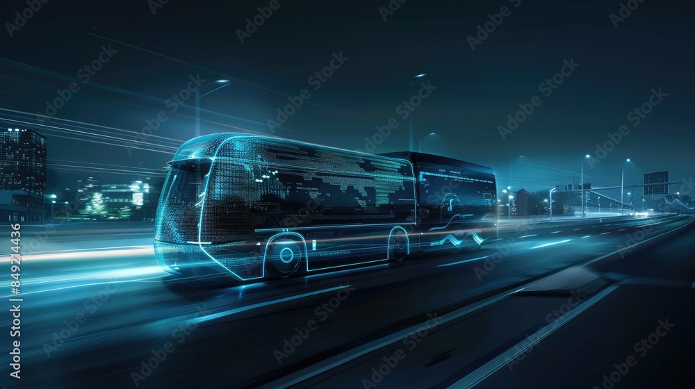 Fototapeta premium Futuristic truck on the road, glowing lines and holographic elements in a blue color background, wide angle side view.