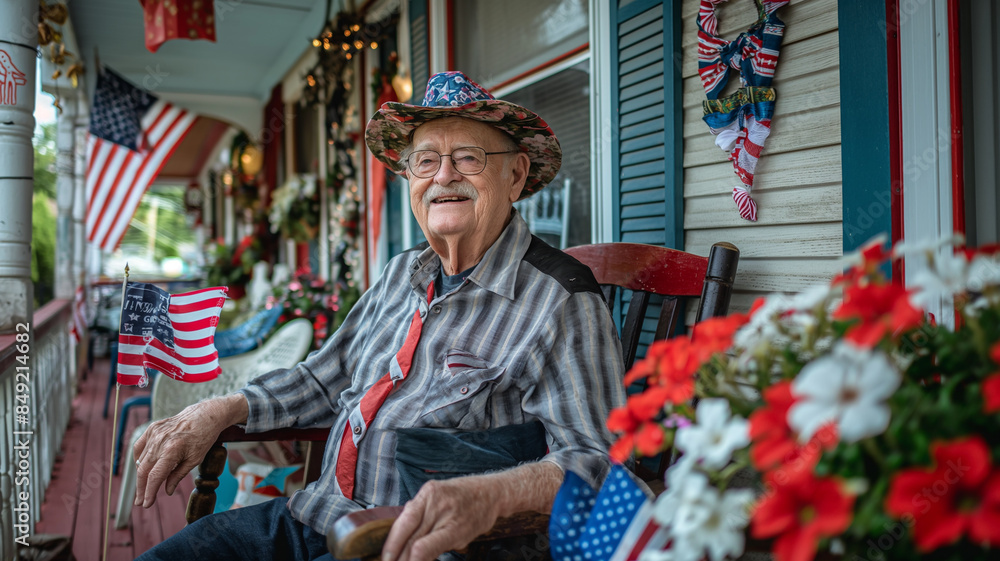 Obraz premium Elderly Gentleman Sitting with US Flag, Symbol of Patriotism
