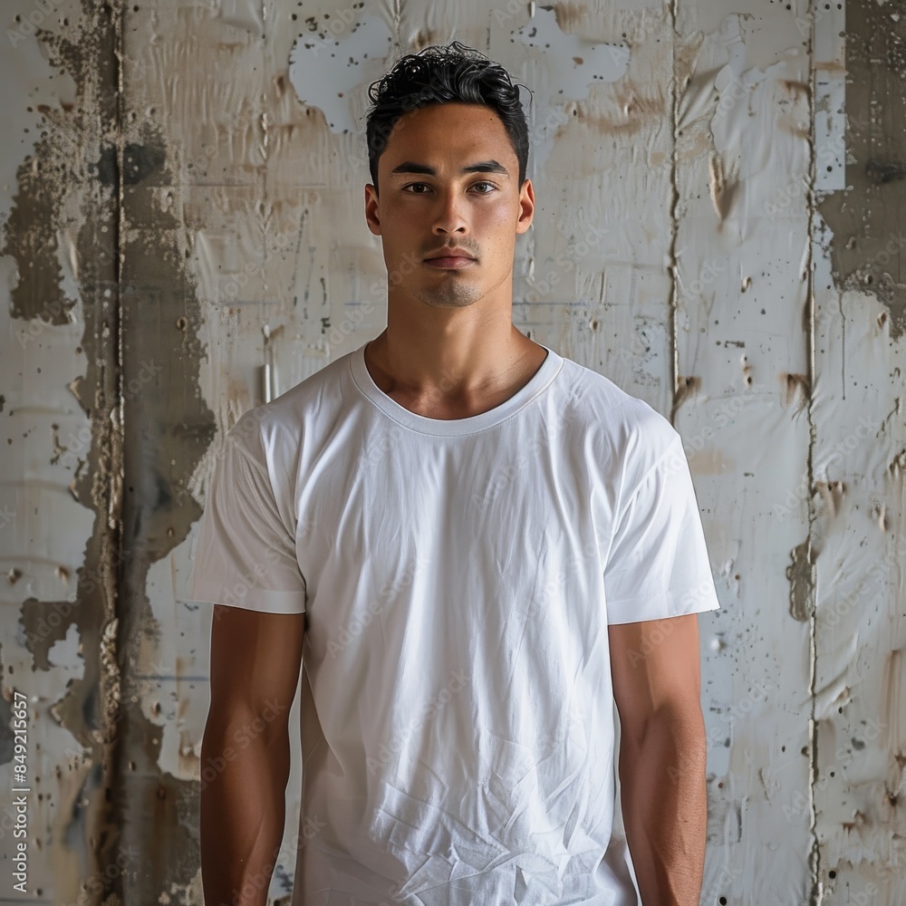 T-shirt Mockup, a man wearing casual white t-shirt standing in front of solid textured walls. T-shirt Mockup, a man wearing casual white t-shirt standing in front of solid textured walls.