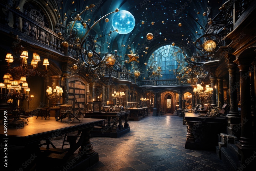 Night starring in Clementinum historical library and observatory under the moon., generative IA Night starring in Clementinum historical library and observatory under the moon., generative IA