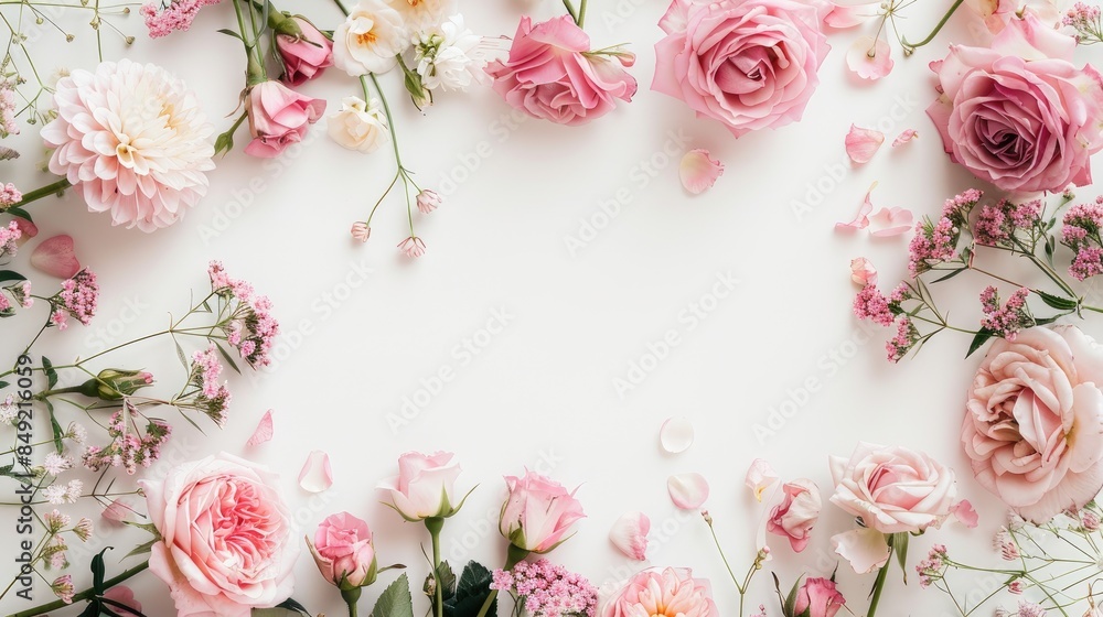 A floral frame featuring pink roses against a white background, perfect for a wedding invitation, with a wedding bouquet of roses and baby's breath.