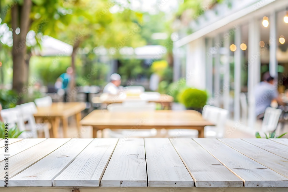 Empty wood tabletop or counter with display product. Blur image of outdoor coffee shop background. Display product background concept. Empty wood tabletop or counter with display product. Blur image of outdoor coffee shop background. Display product background concept.