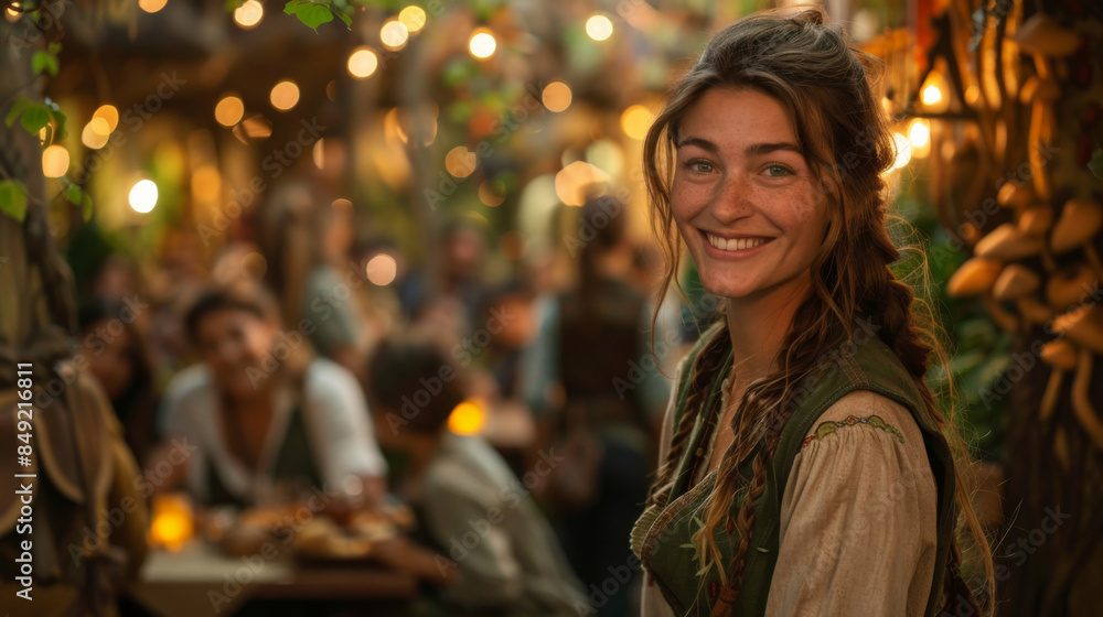 A woman with long hair is smiling at the camera in a restaurant A woman with long hair is smiling at the camera in a restaurant