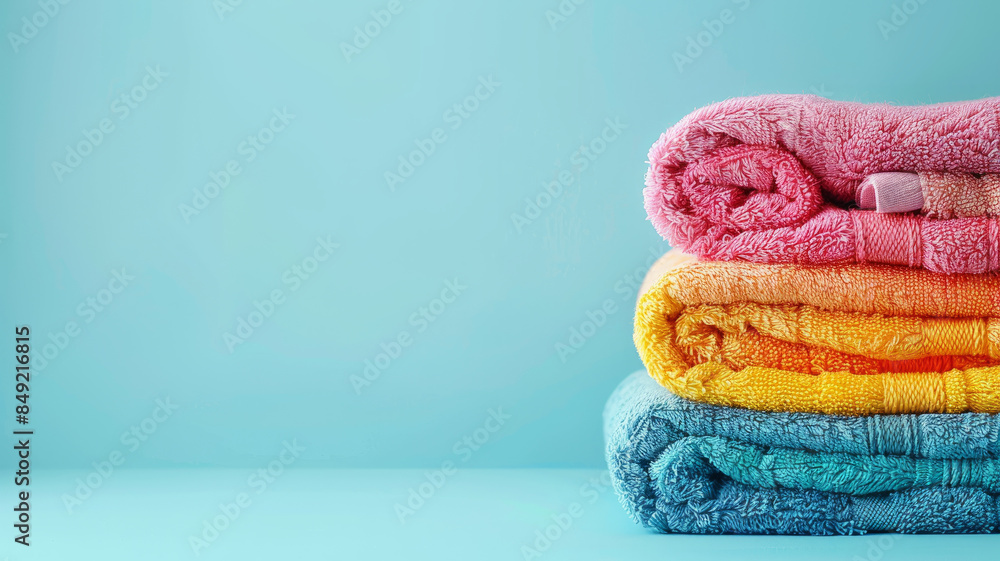 Stack of colorful towels against a light blue background Stack of colorful towels against a light blue background