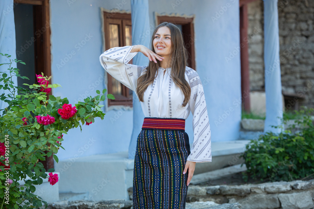 Naklejka premium Beautiful traditional costume from Republic of Moldova. Young girl wearing Romanian traditional blouse.