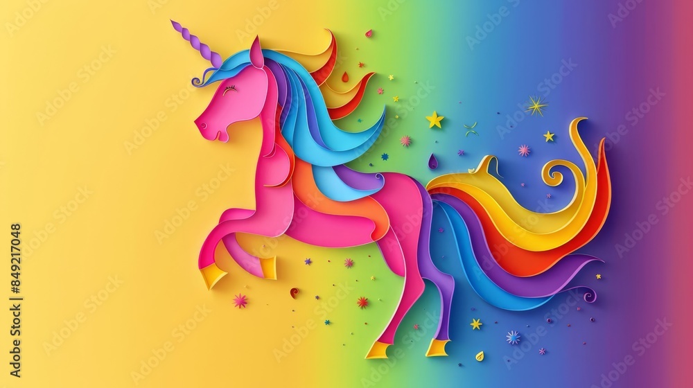 Obraz premium Vibrant paper style illustration of a unicorn with rainbow colors, symbolizing hope and diversity for LGBTQ Pride Month