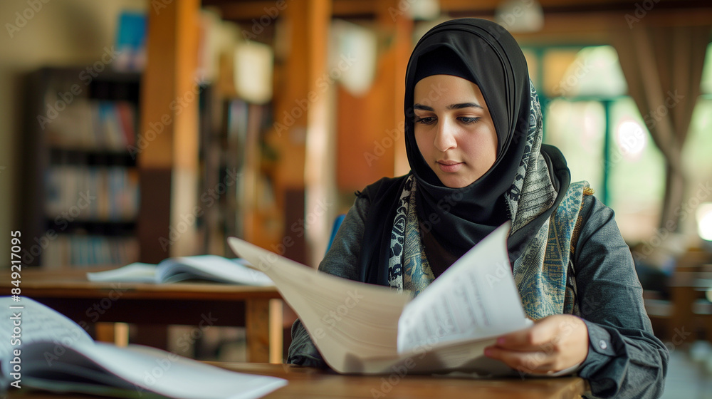 Muslim young female immigrant sitting at table reads documents . education for arab women Muslim young female immigrant sitting at table reads documents . education for arab women