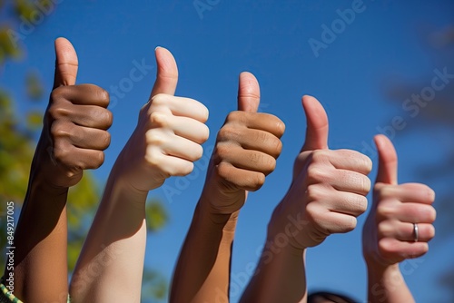 Five hands with thumbs up against blue sky. Satisfied. Approved. Diverse group of people showing thumbs-up. Good. Unity. Yes. Skin tones. Several hands raised in unison. Gesture. Collaboration
