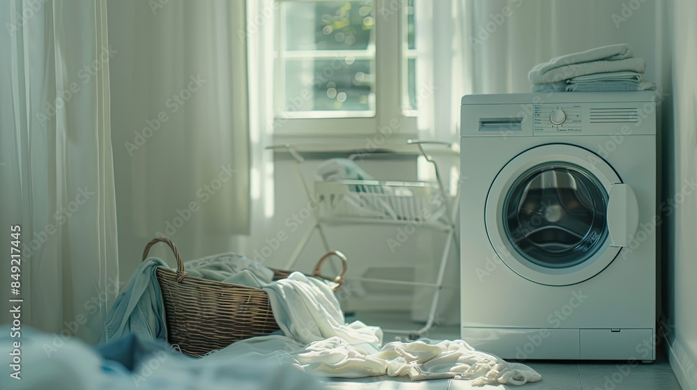 A white laundry room interior is depicted, featuring a washing machine, hanger, and basket against a light background. A white laundry room interior is depicted, featuring a washing machine, hanger, and basket against a light background.