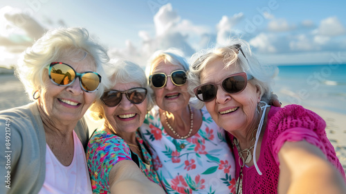 Selfie photo of four happy caucasian elderly ladies with sunglasses on the background of the sea beach happy old age, retirement life